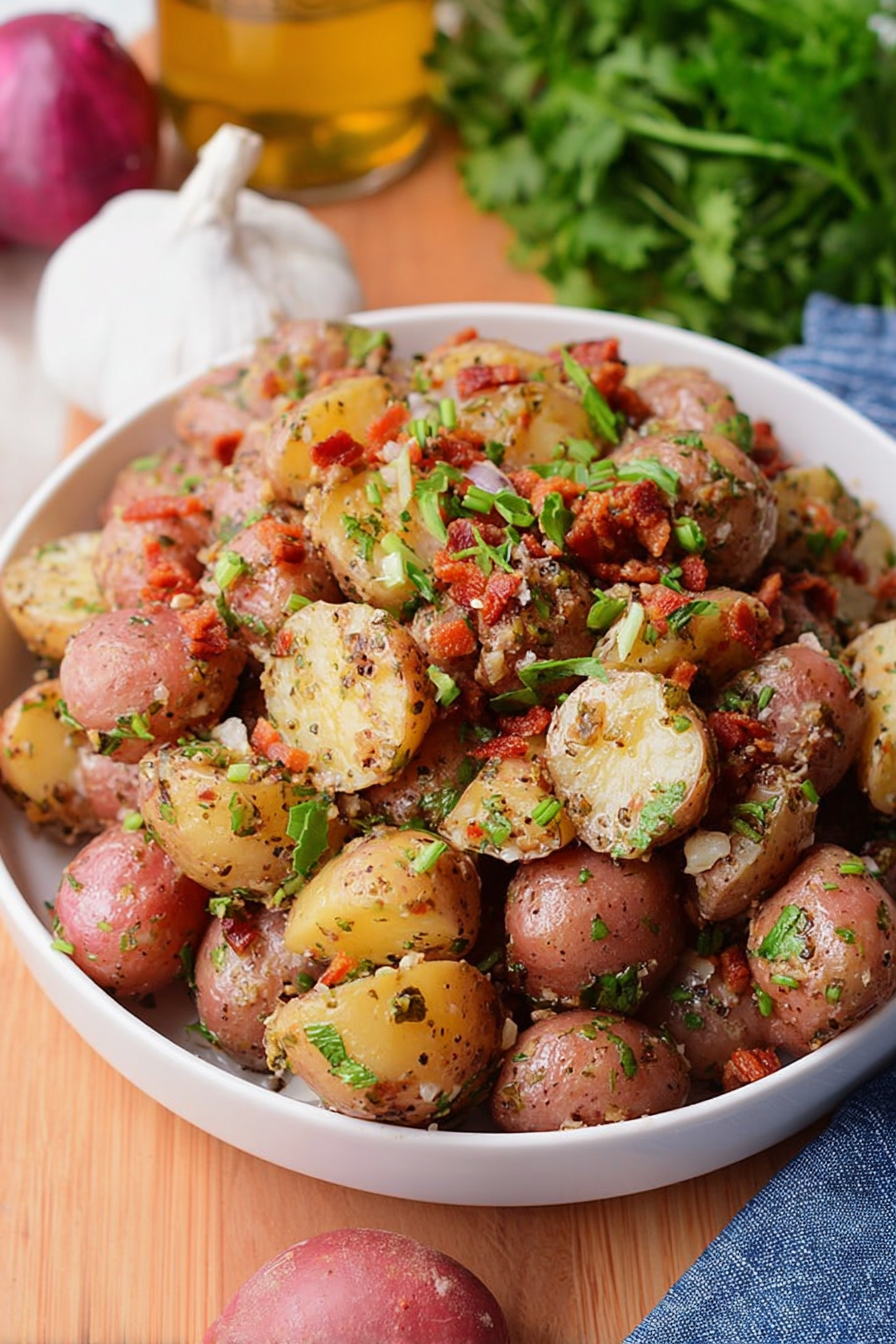 Bacon Vinaigrette Potato Salad: Tender, juicy, and succulent.