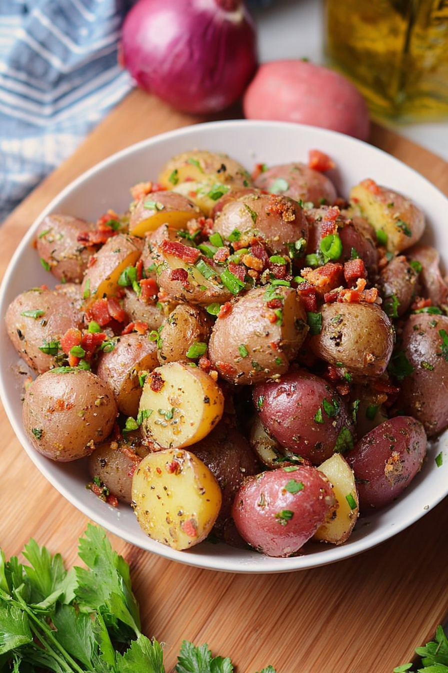 Bacon Vinaigrette Potato Salad: Tender, juicy, and succulent.