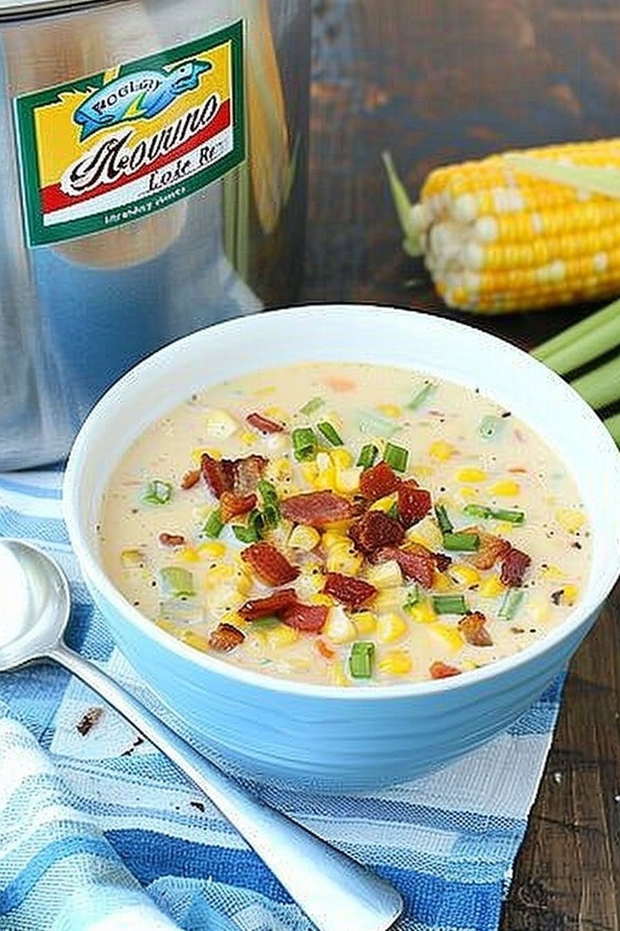 Creamy Bacon Corn Soup: Savory, smoky, rich indulgence.