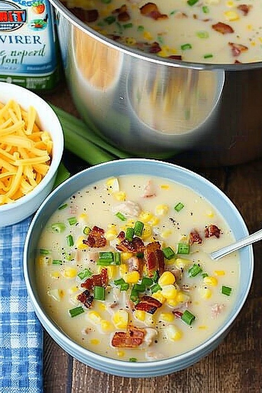 Creamy Bacon Corn Soup: Savory, smoky, rich indulgence.