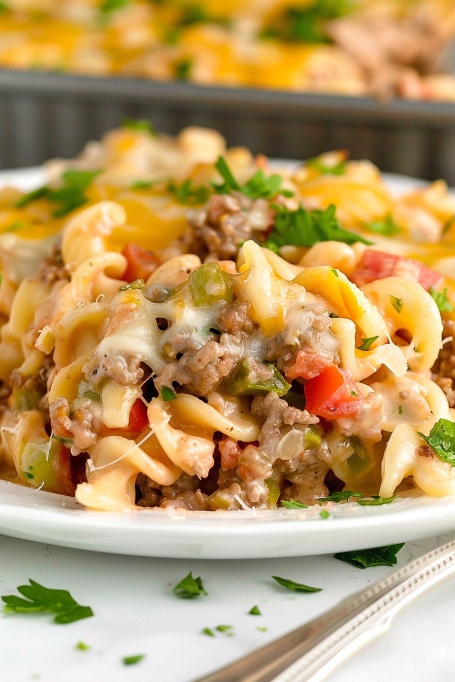 Hearty Beef Pasta Bake: Cheesy, savory perfection.