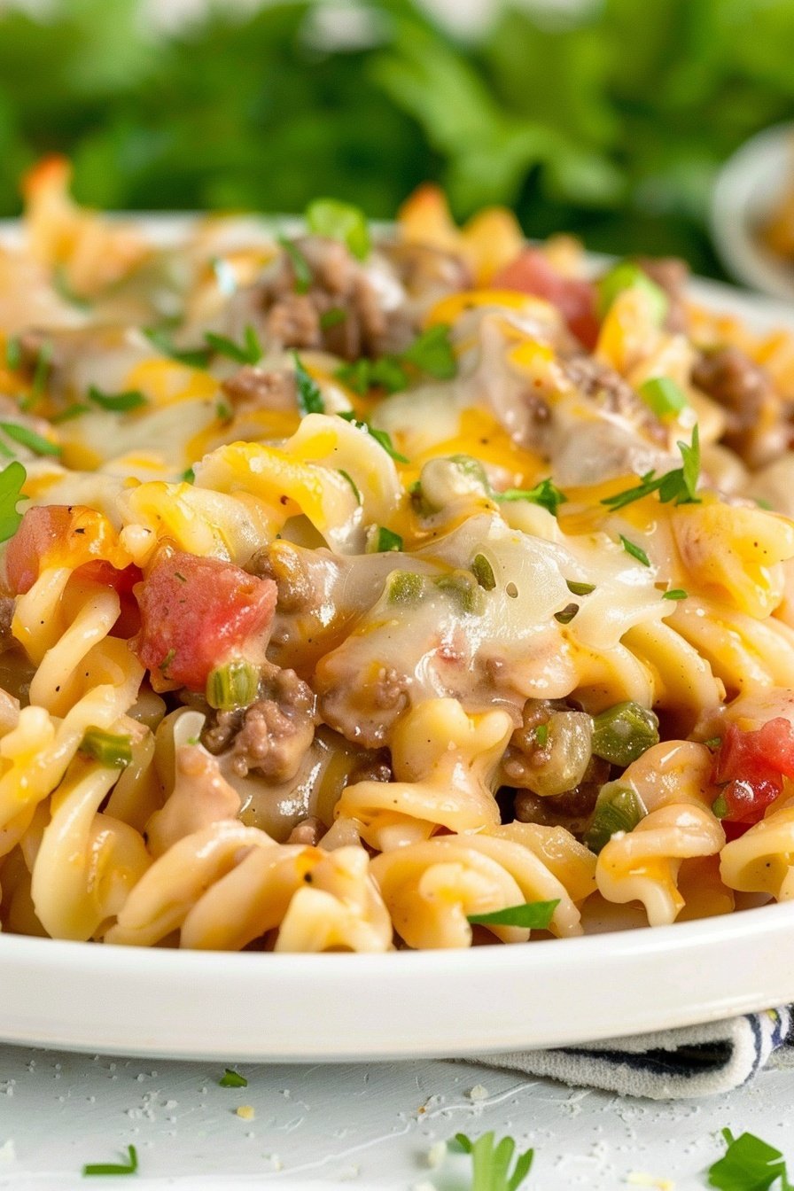 Hearty Beef Pasta Bake: Cheesy, savory perfection.