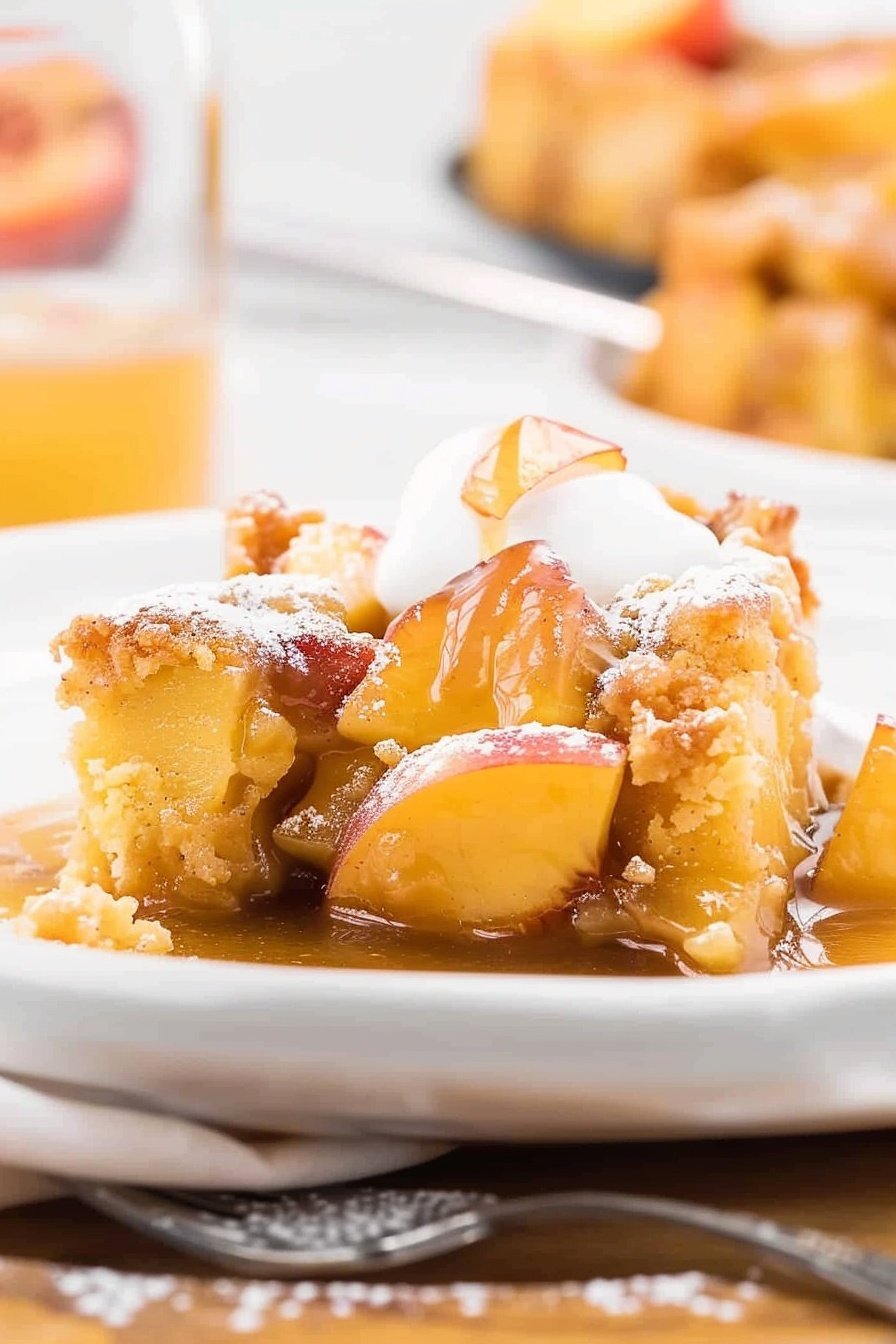 Peach Cobbler Pudding: Warm, gooey, spiced perfection.