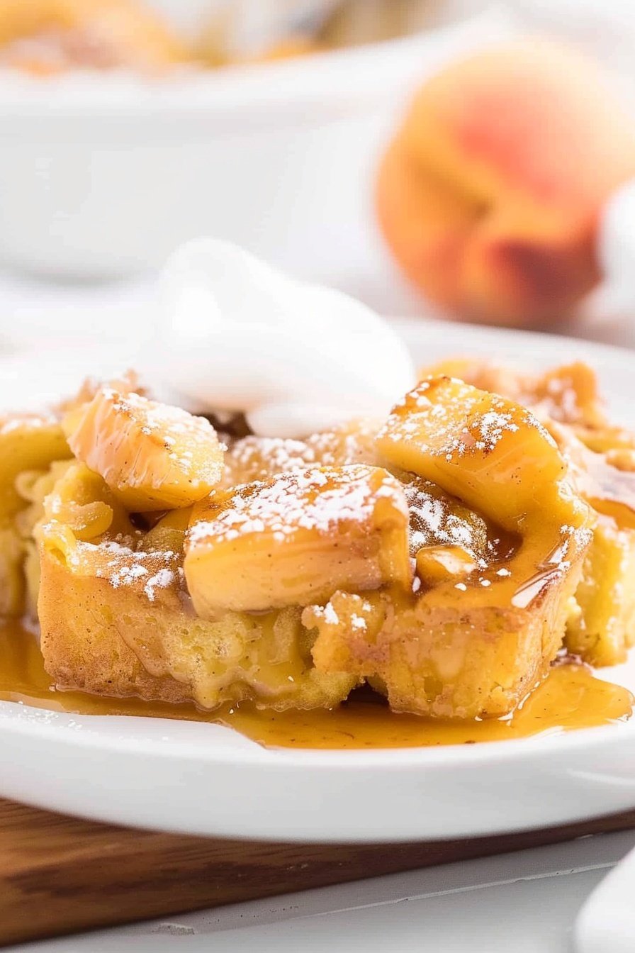 Peach Cobbler Pudding: Warm, gooey, spiced perfection.