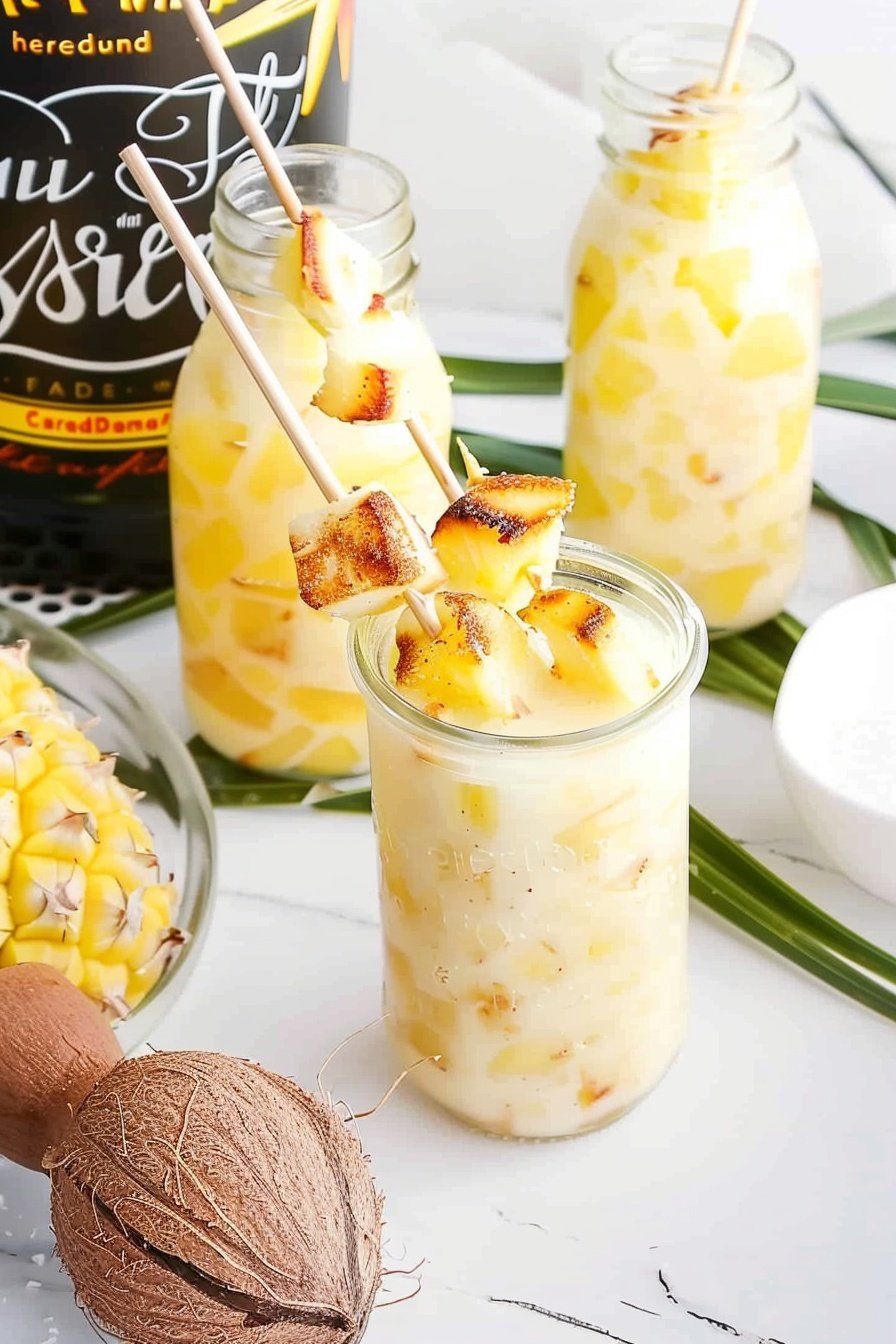 Tropical Coconut Rum Skewers: Glazed coconut rum perfection.