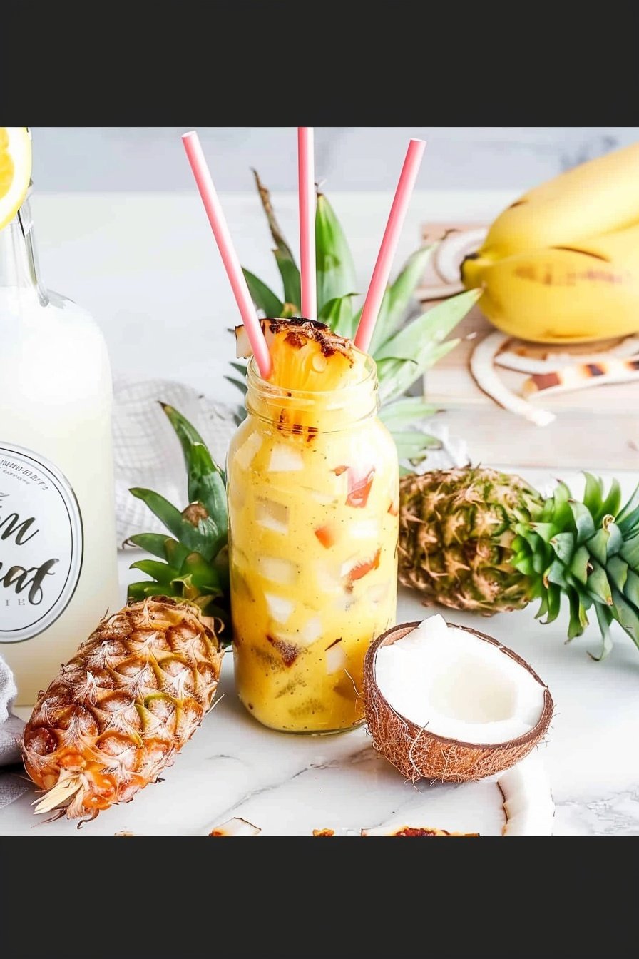 Tropical Coconut Rum Skewers: Glazed coconut rum perfection.