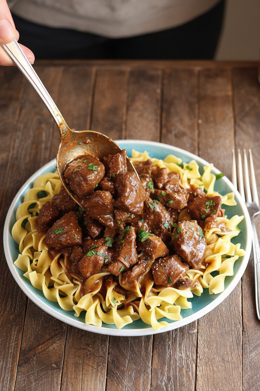 Hearty Beef Noodle Stew: Tender, fall-apart beef.