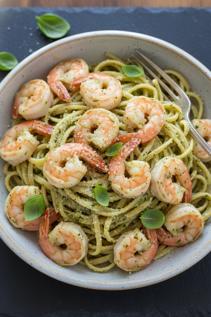 Creamy Pesto Seafood Linguine: Tender shrimp in silk.
