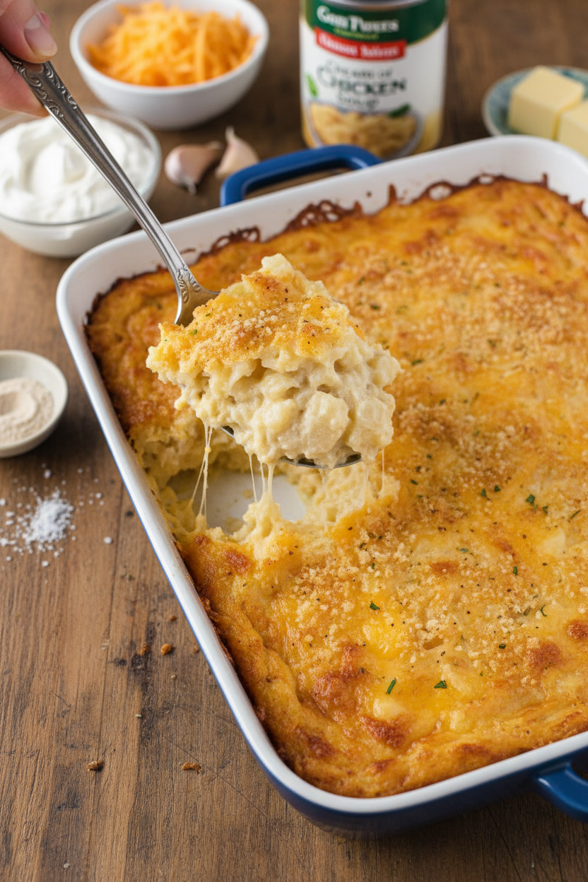Cheesy Potato Bake: Golden, bubbling cheese perfection.