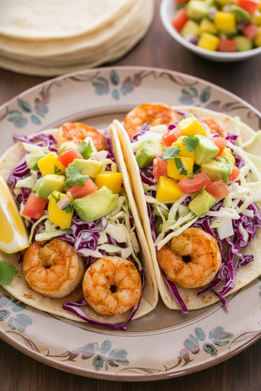 Shrimp Tacos with Coconut Coleslaw & Mango Salsa