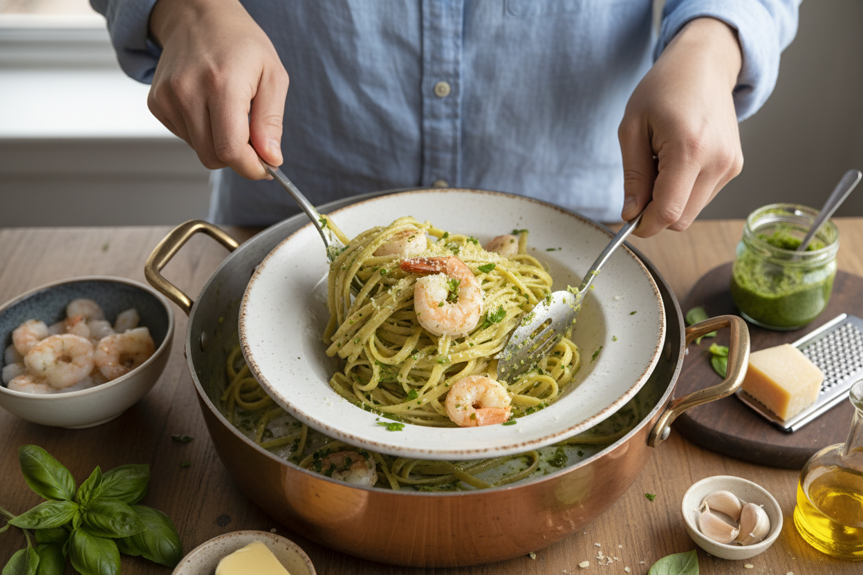 Creamy Pesto Seafood Linguine with Shrimp