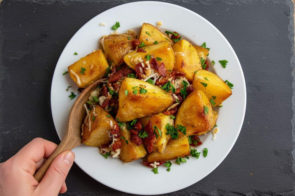 Crispy Bacon Cheese Oven Roasted Potatoes