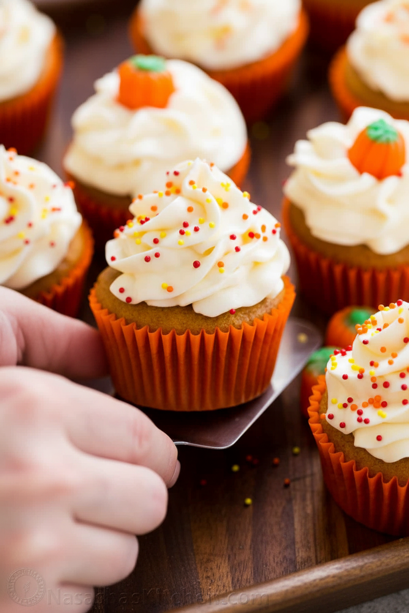 Pumpkin Cupcakes with Cream Cheese Frosting (VIDEO)