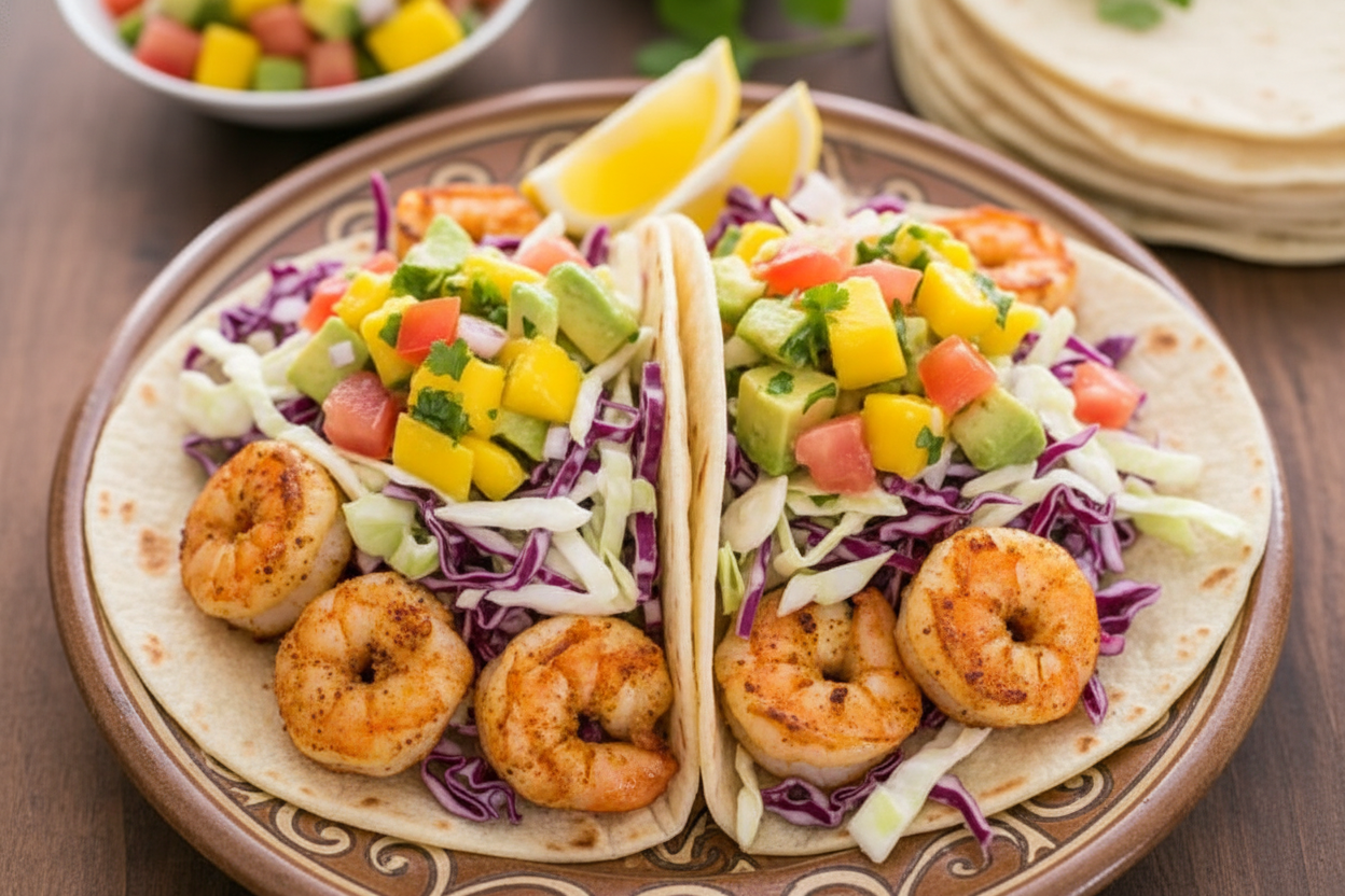 Shrimp Tacos with Coconut Coleslaw and Mango Salsa