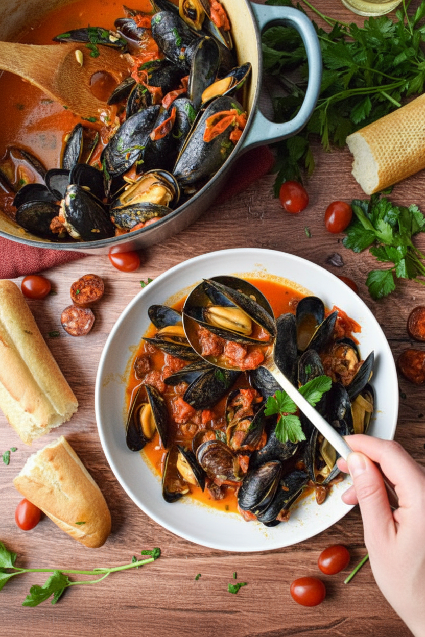 Chorizo and Tomato Steamed Mussels