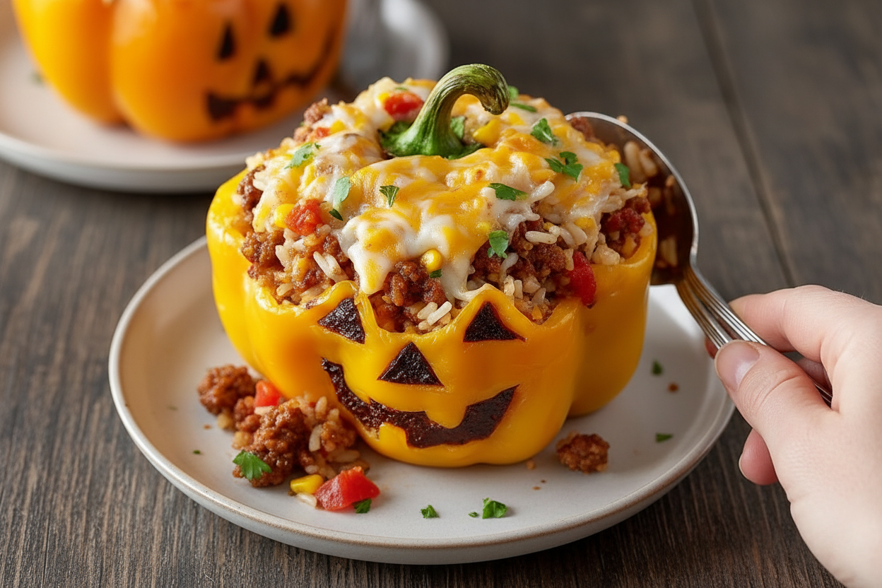 Spooky Stuffed Bell Pepper Jack O Lanterns